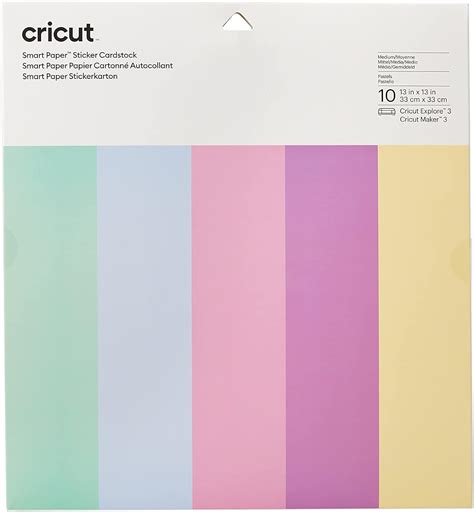 Cricut Smart Sticker Cardstock 33x33cm 10 sheets (Pastels); 10 sheets (5 colors, 2 each) 13 in x 13 in (30.5 cm x 30.5 cm) in Mint, Powder Blue, Petal, Lilac, Butter; Skip the glue for hassle-free paper projects; Works without a cutting mat – just load & go!; Smooth, medium weight (210 gsm / 78 lb); For Cricut Maker® 3 & Cricut Explore® 3